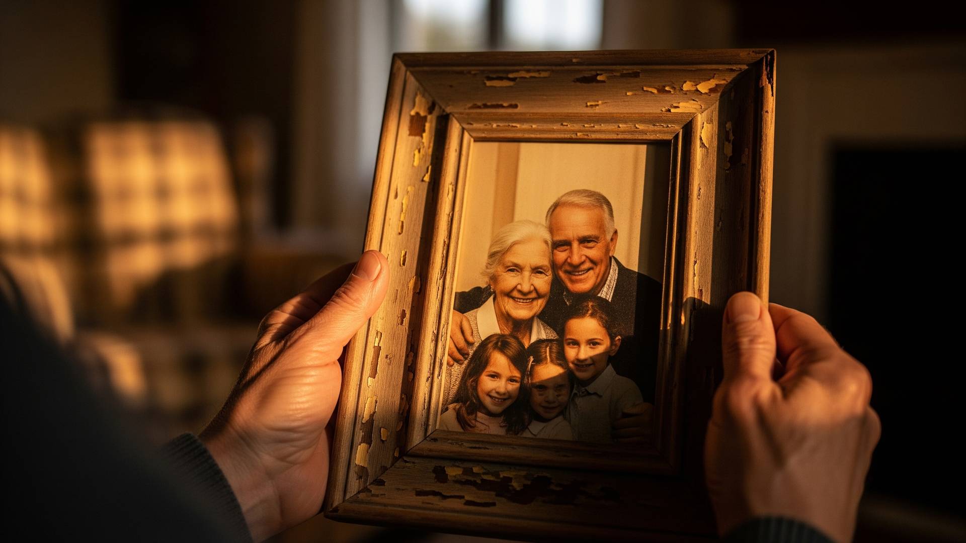 Hands holding a family photo frame with grandparents — the ripple effect of parental alienation on extended family