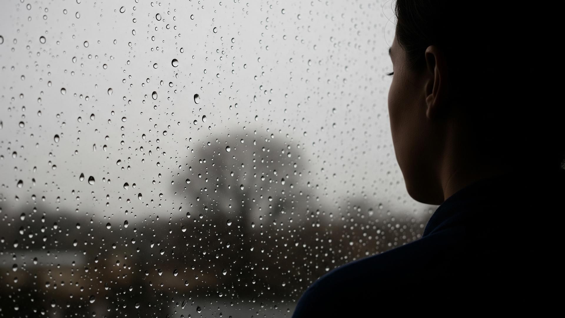 Silhouette of a person looking out of a rain-streaked window — the ambiguous loss of parental alienation