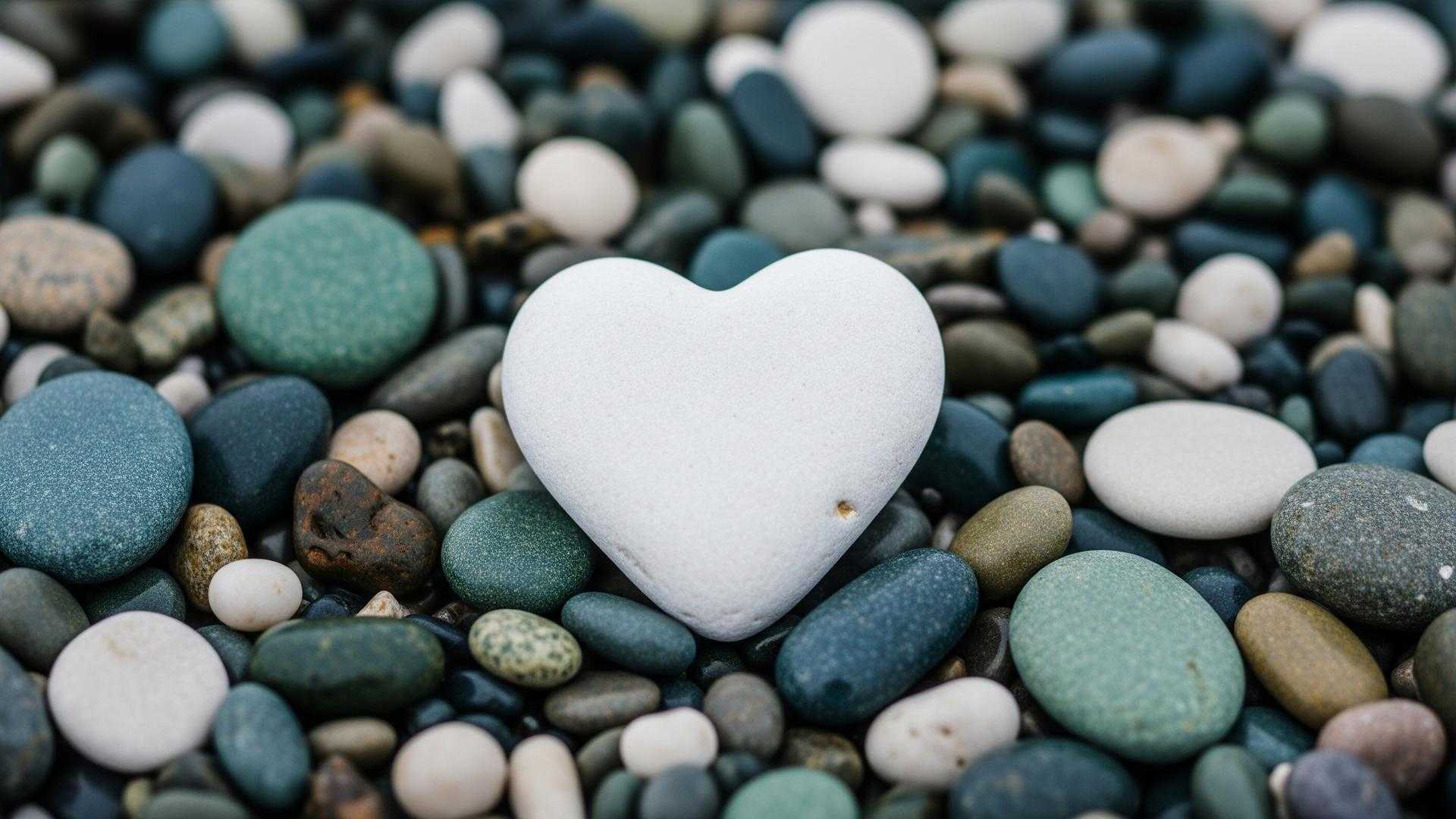 White heart-shaped stone among beach pebbles — finding meaning through parental alienation