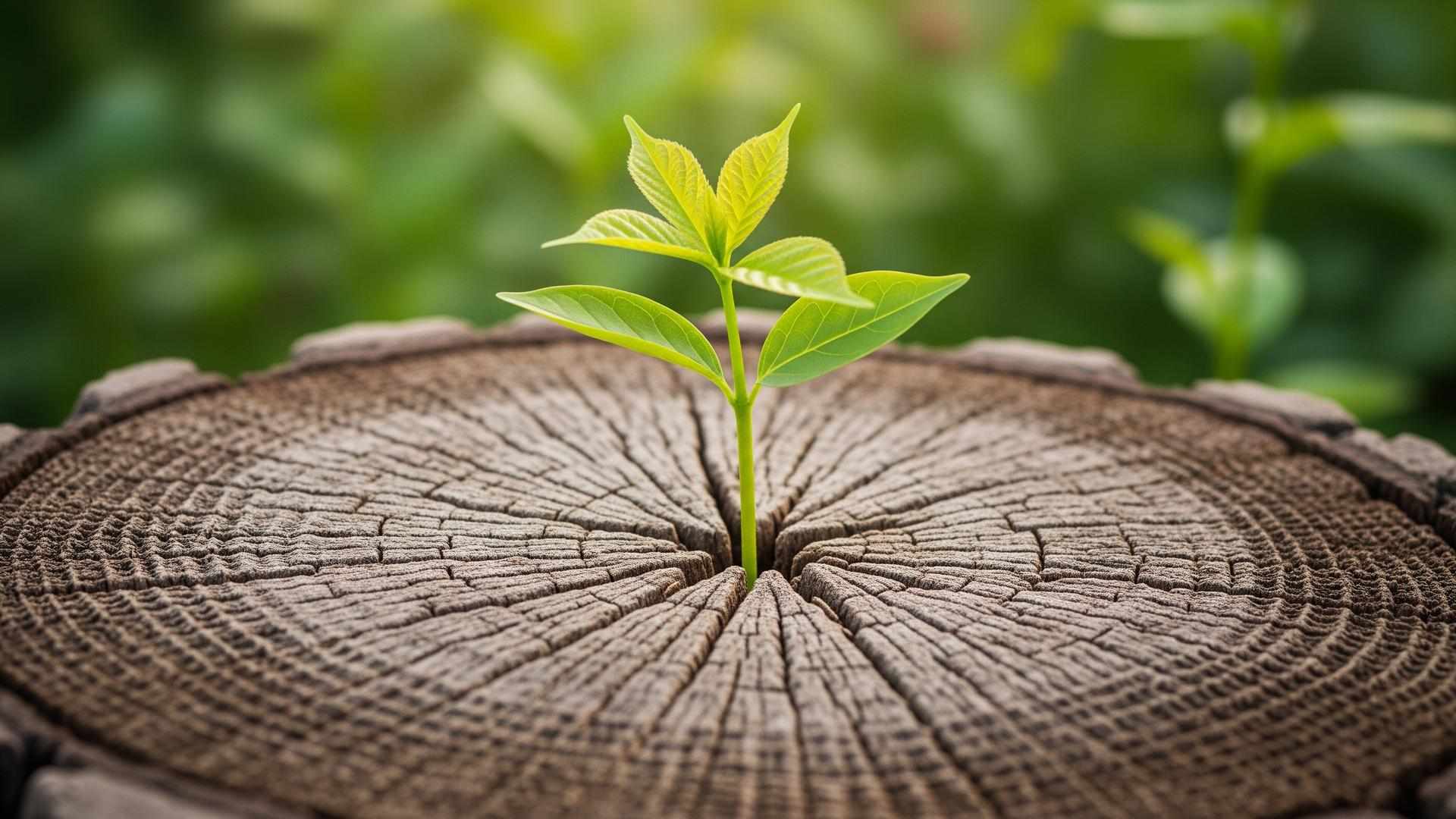 Green seedling sprouting from an old tree stump — new life and forgiveness through parental alienation
