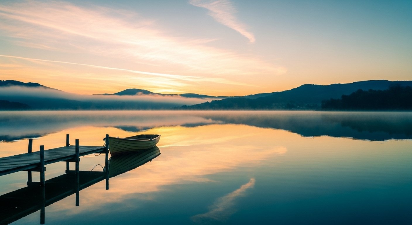 Still lake at dawn with a small boat — inner freedom and peace after parental alienation