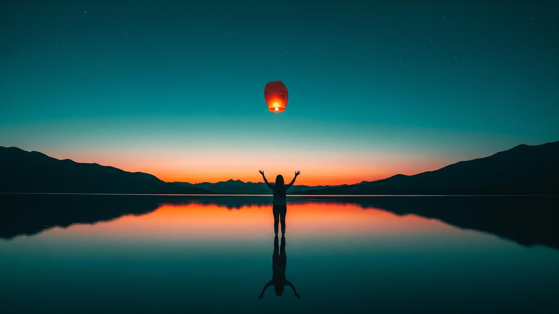 Silhouette releasing a sky lantern over water at twilight — letting go through parental alienation