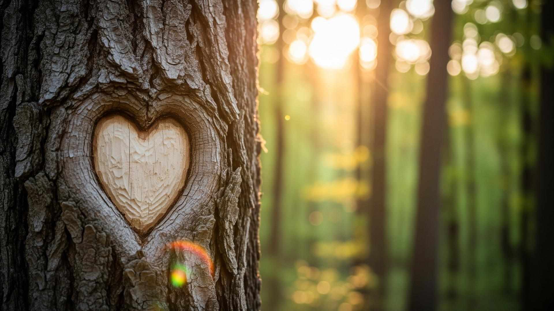Heart carved into a tree trunk with golden sunlight streaming through the forest — the path of the heart
