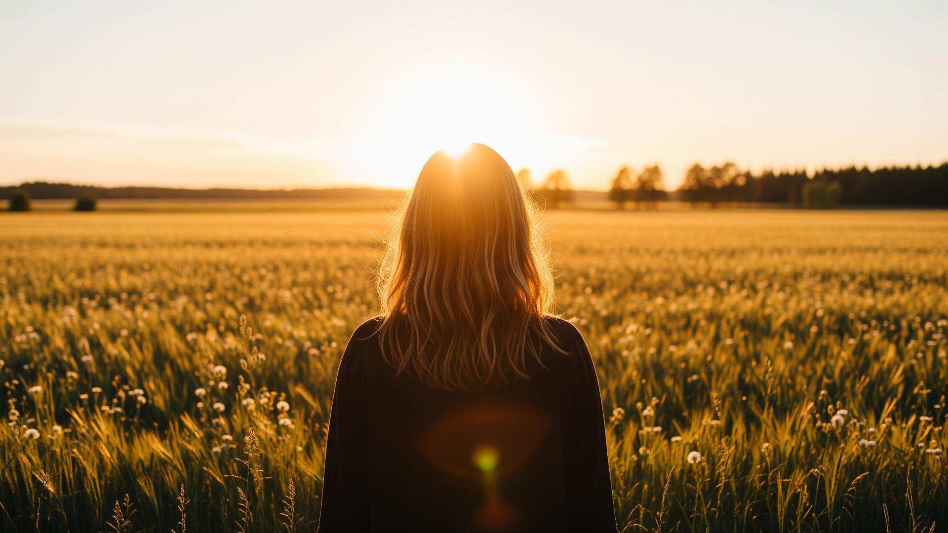 Person standing in a golden field facing the setting sun — radical acceptance in parental alienation