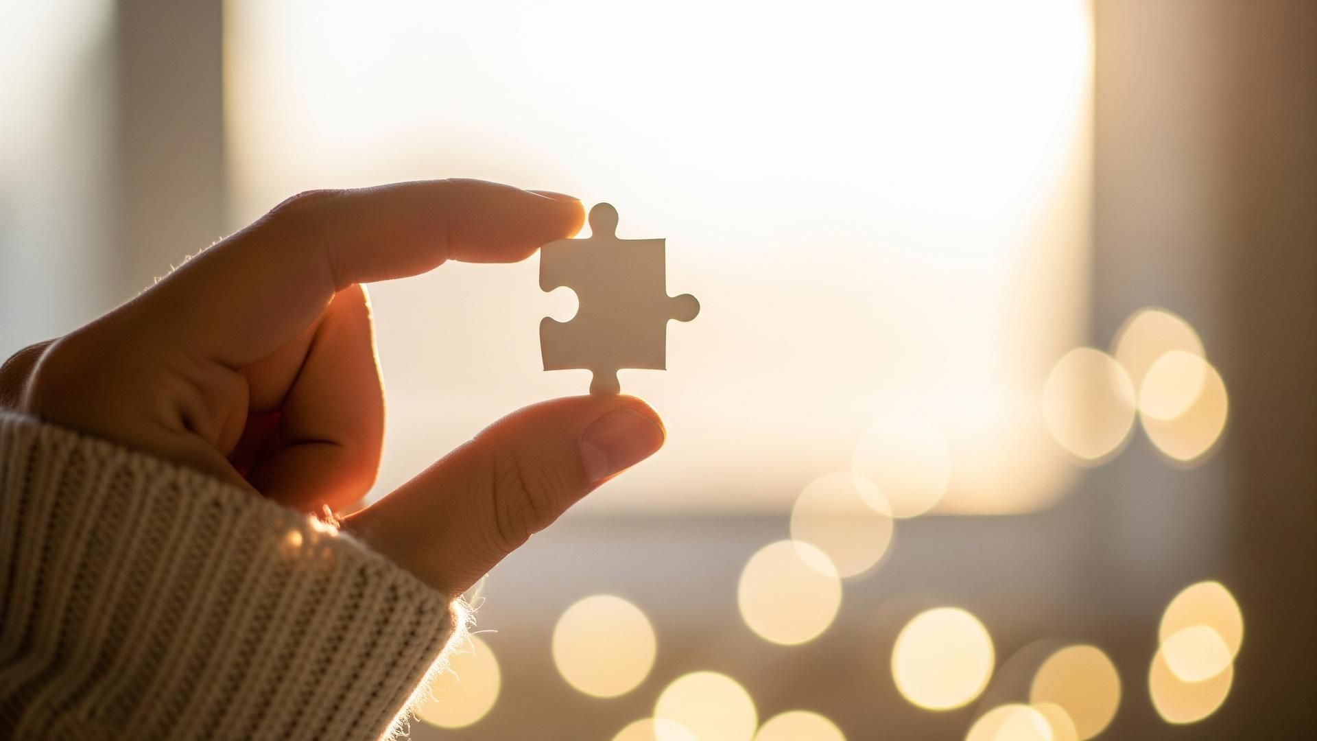 Hand holding a puzzle piece in warm light — rebuilding identity after parental alienation