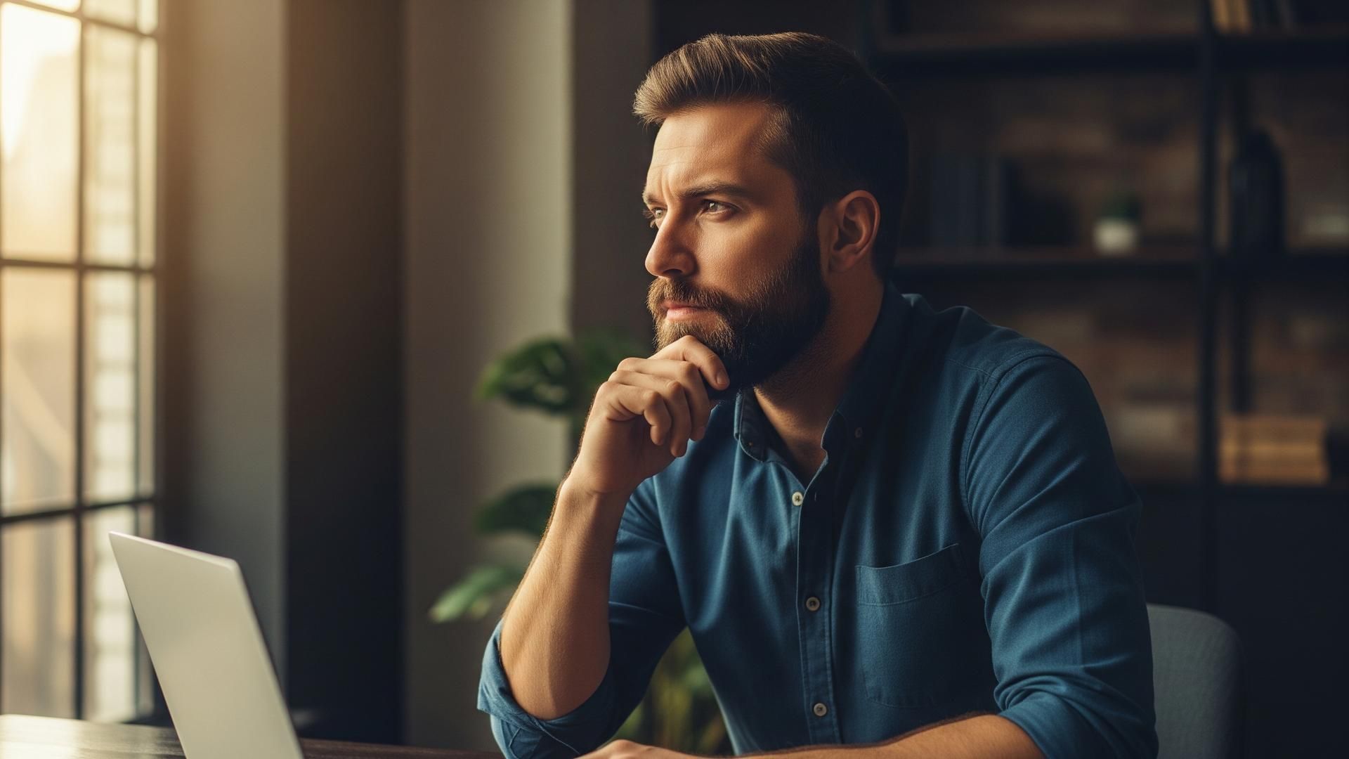 Man deep in thought at a desk — focusing on what you can control through parental alienation