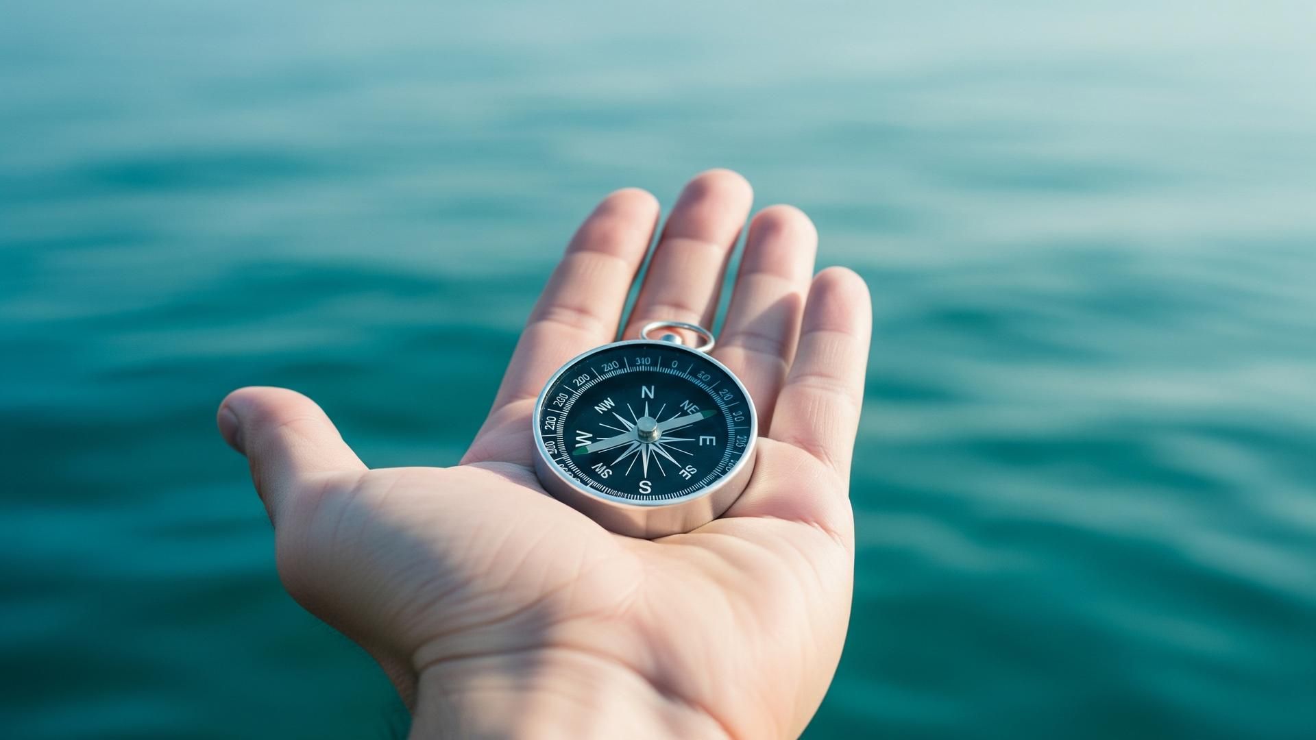 Hand holding a compass over ocean water — finding direction through parental alienation