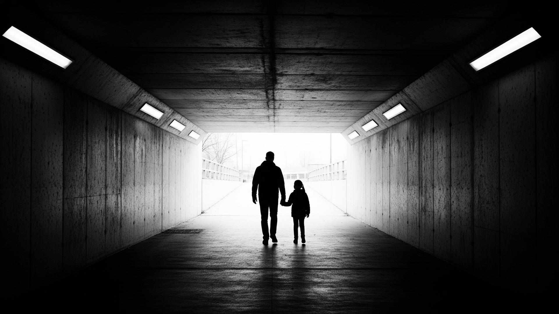 Parent and child silhouette walking through a tunnel toward light — staying connected through parental alienation