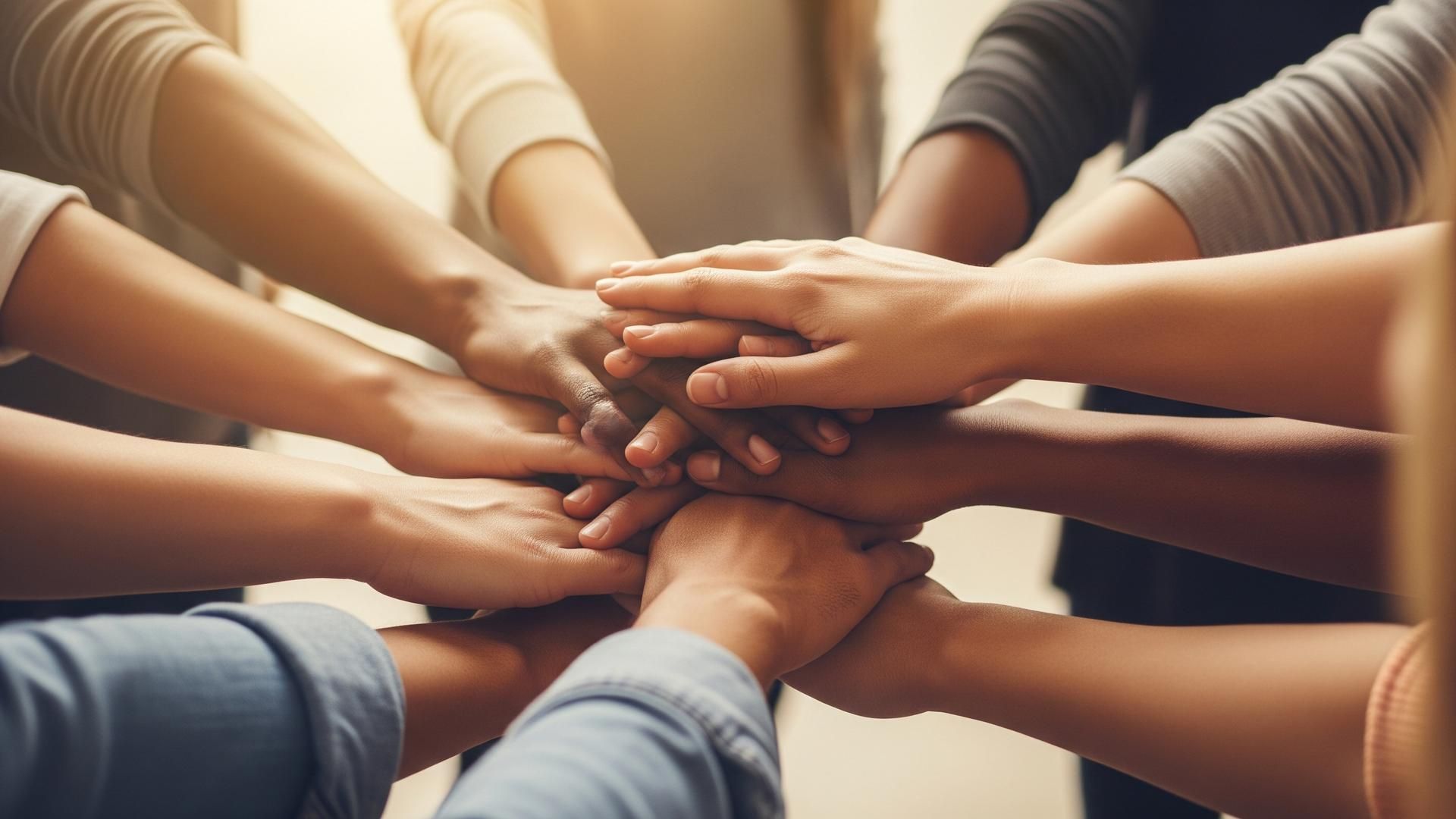 Hands stacked together in a circle — building your support team through parental alienation