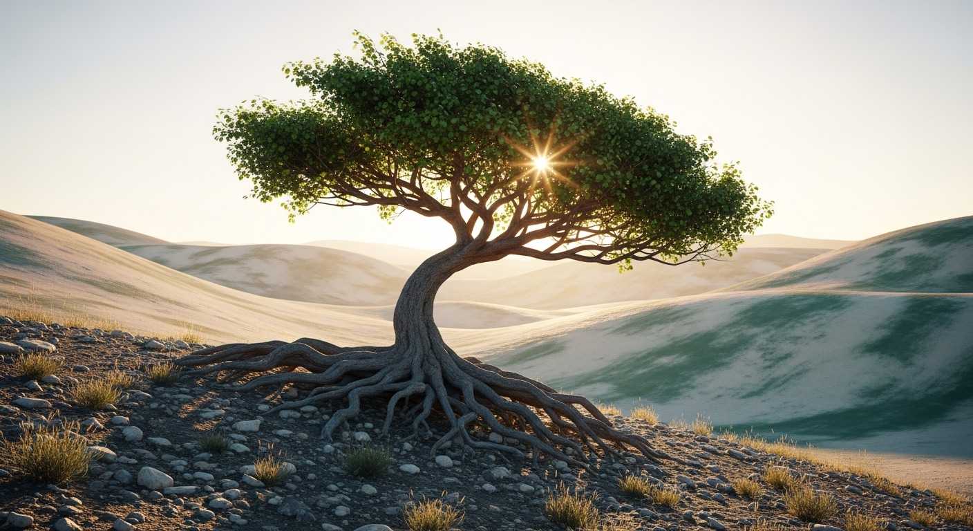 Strong tree with deep roots on a windswept hill — resilience and survival