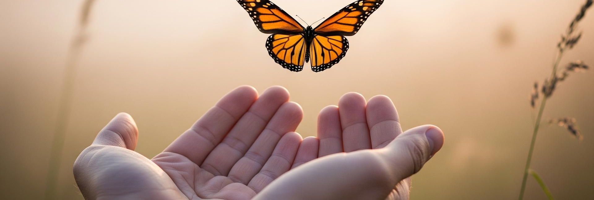 Monarch butterfly being released from open hands in a misty meadow — unconditional love in parental alienation