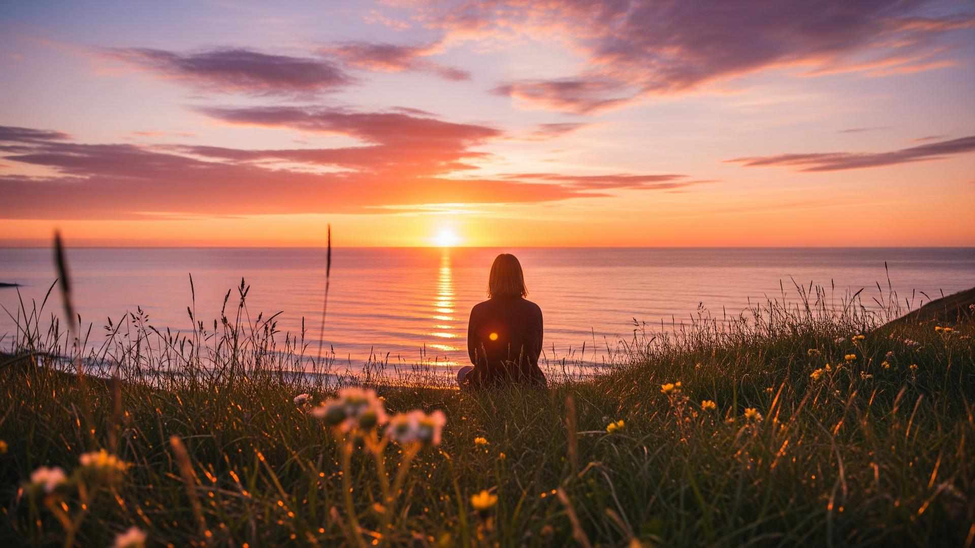 Person sitting on a grassy hillside watching the sunset over the ocean — healing from parental alienation